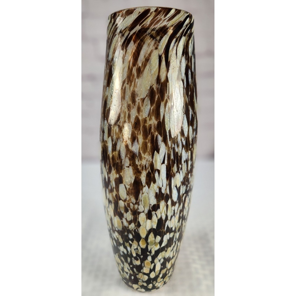 Vintage Large Vase Recycled Glass Brown Black Tortoise Shell Pattern Cylinder